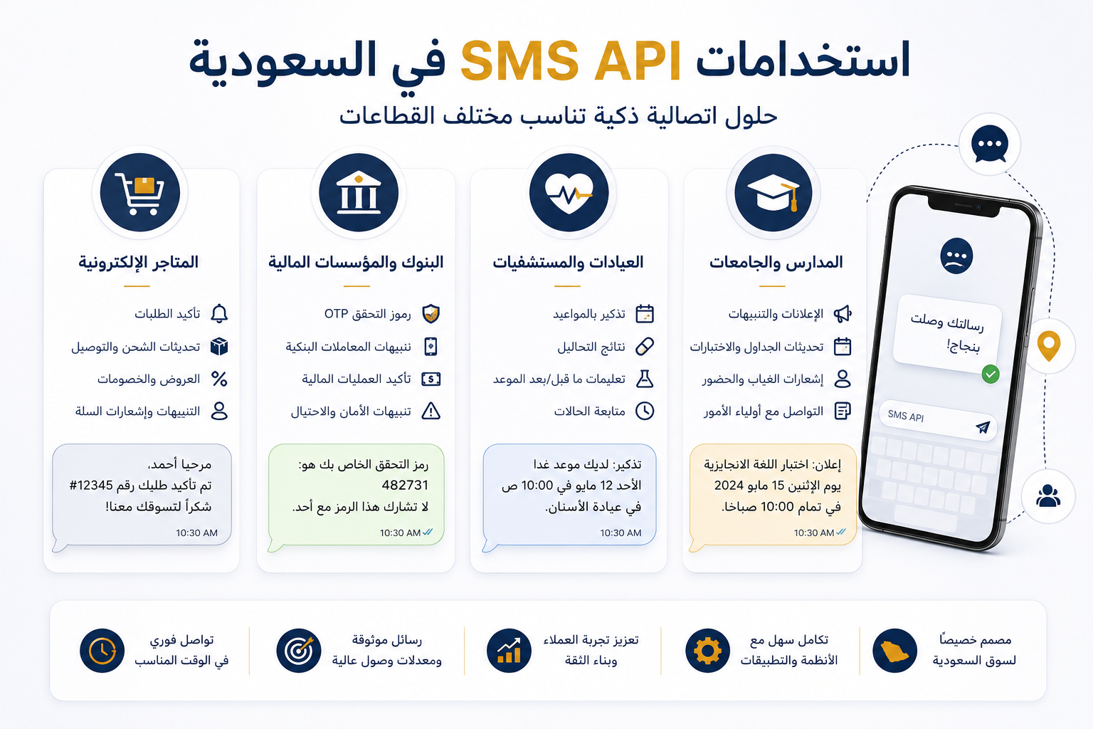 SMS API في السعودية: الدليل الكامل للشركات والمطورين 2 استخدامات SMS API للمتاجر الإلكترونية والبنوك والعيادات